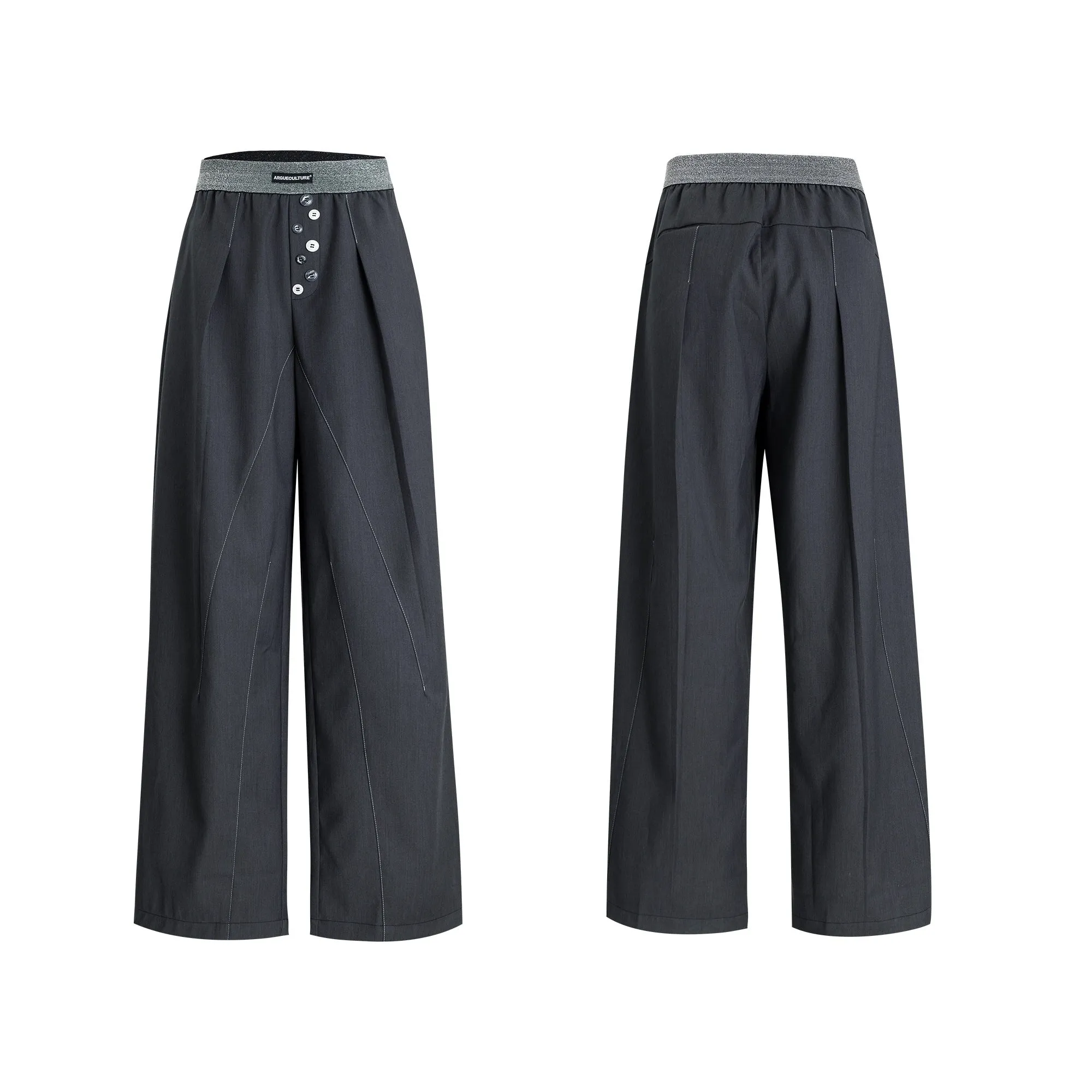 Straight-leg high-waisted trousers in grey fabric with button detail on the leg.