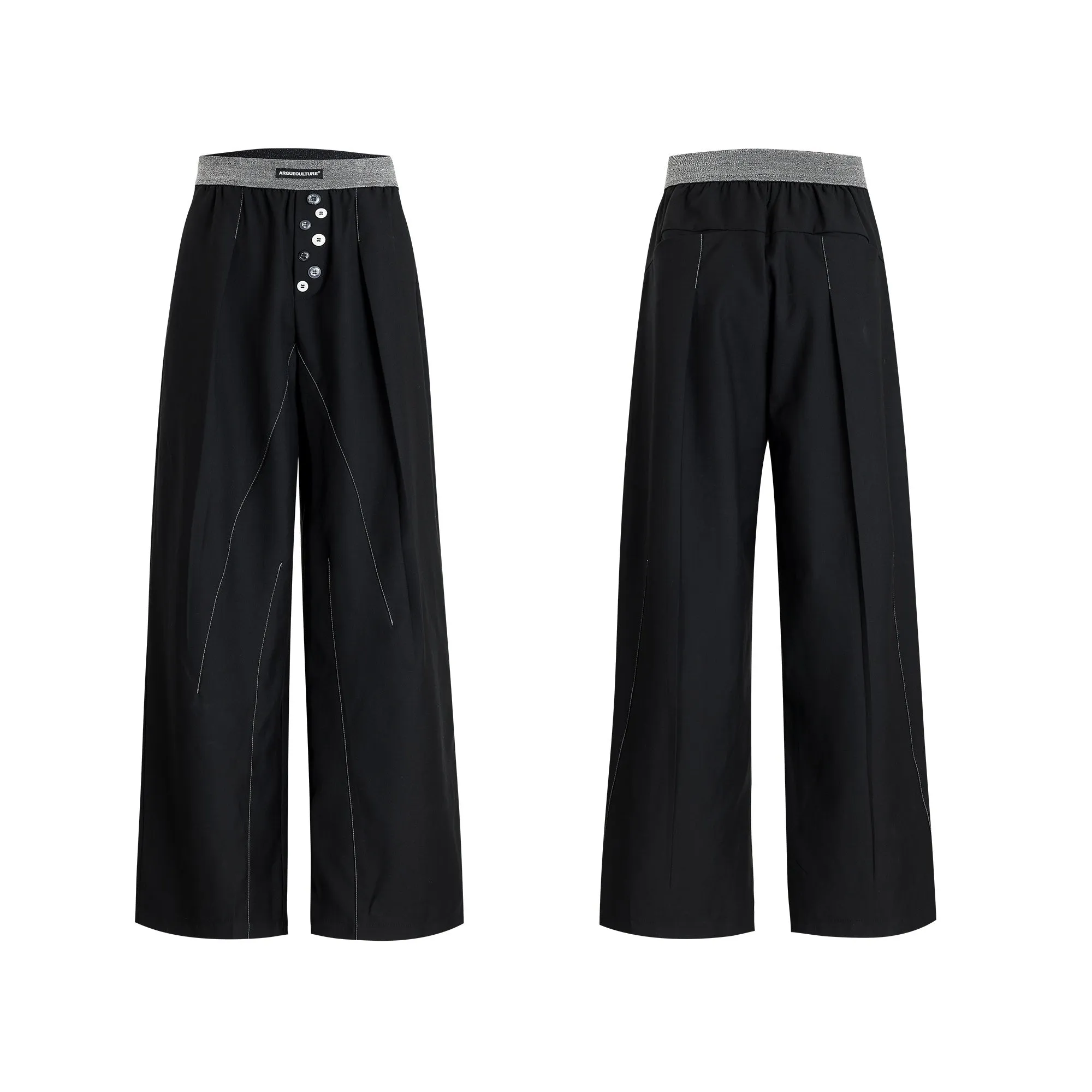 Straight-leg high-waisted trousers in grey fabric with button detail on the leg.