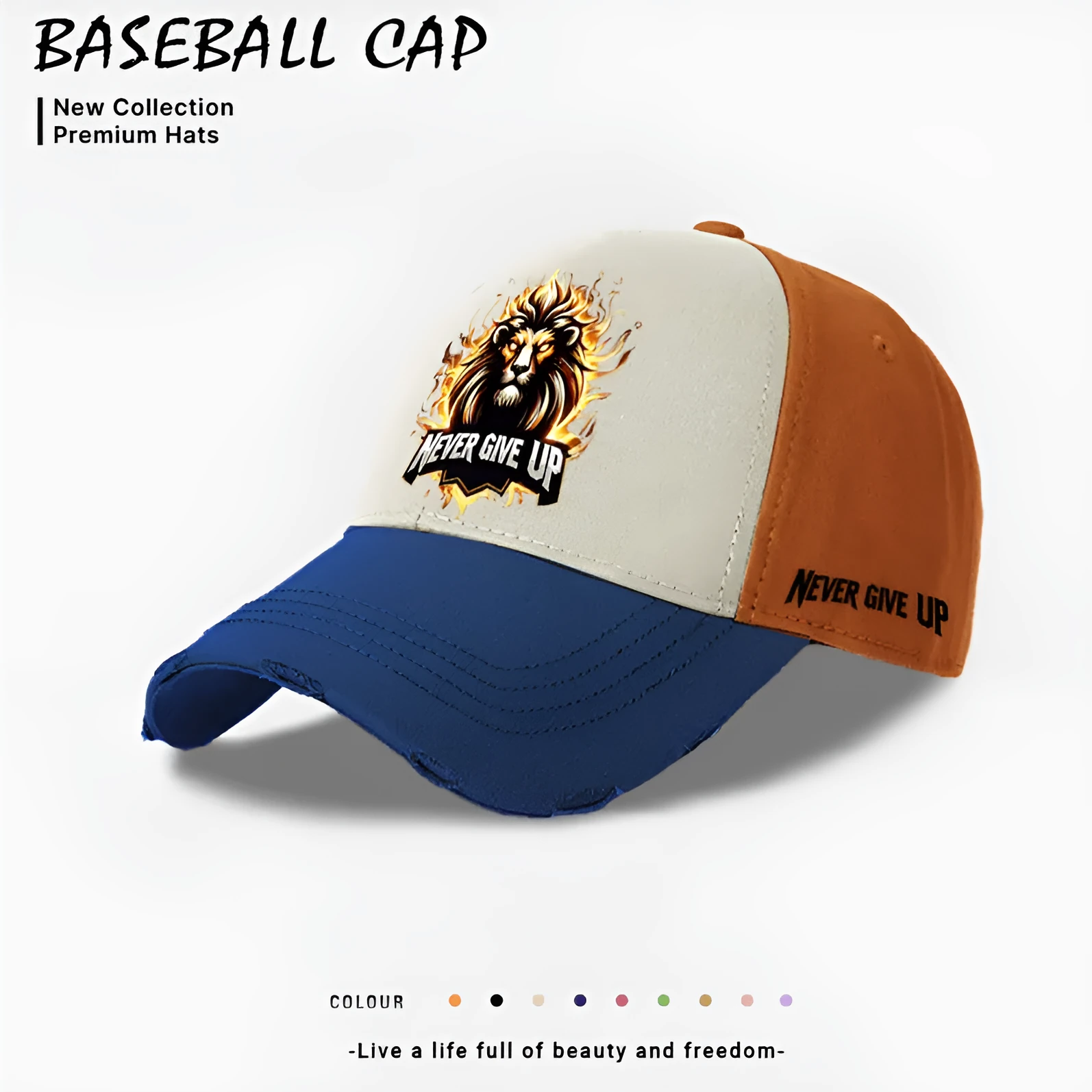 Men's polyester baseball cap in beige, black and blue colours with adjustable strap
