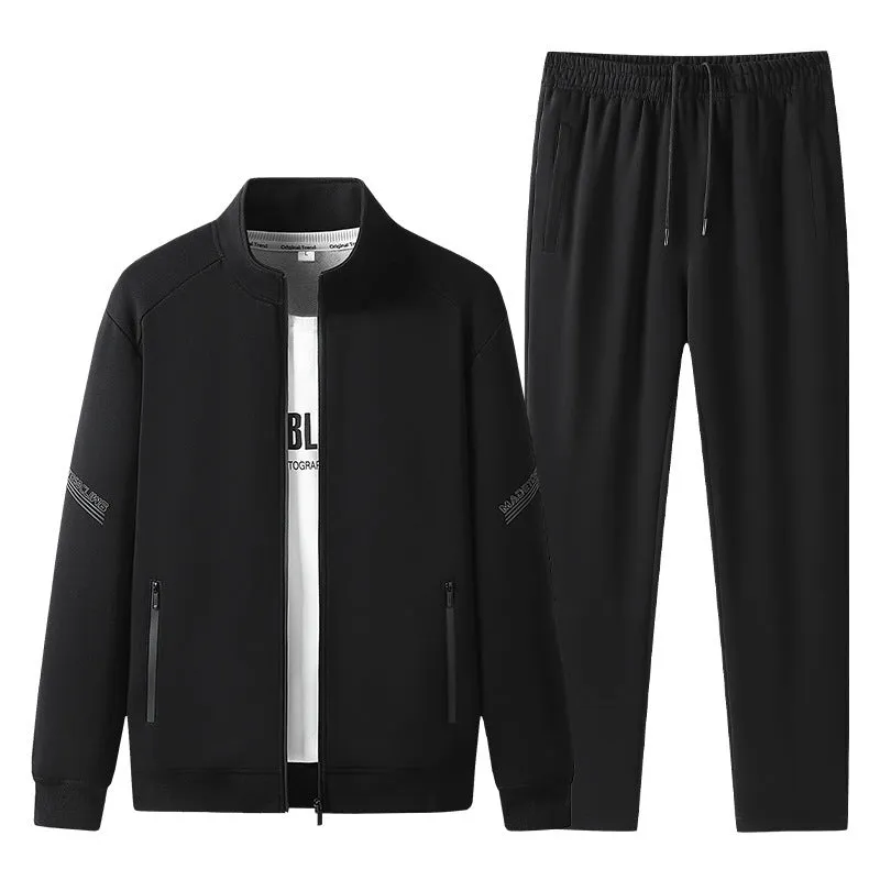 Men's plus-size knitted cotton sports leisure suit with jacket and trousers in black dark blue gray for outdoor spring autumn