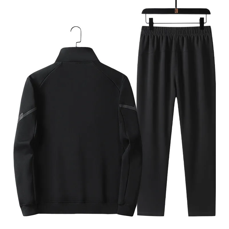 Men's plus-size knitted cotton sports leisure suit with jacket and trousers in black dark blue gray for outdoor spring autumn