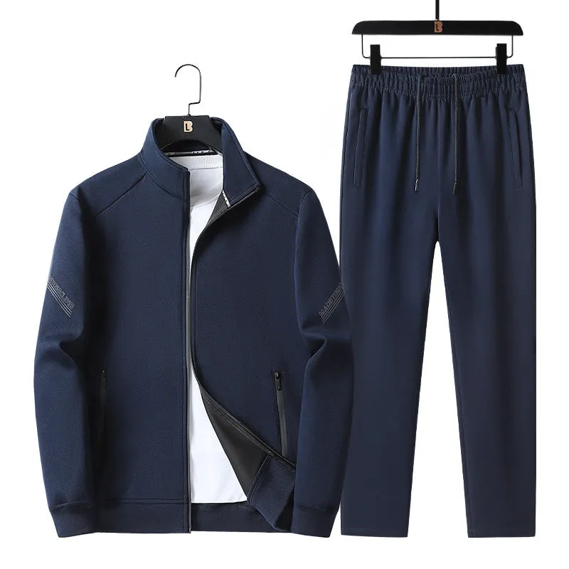 Men's plus-size knitted cotton sports leisure suit with jacket and trousers in black dark blue gray for outdoor spring autumn