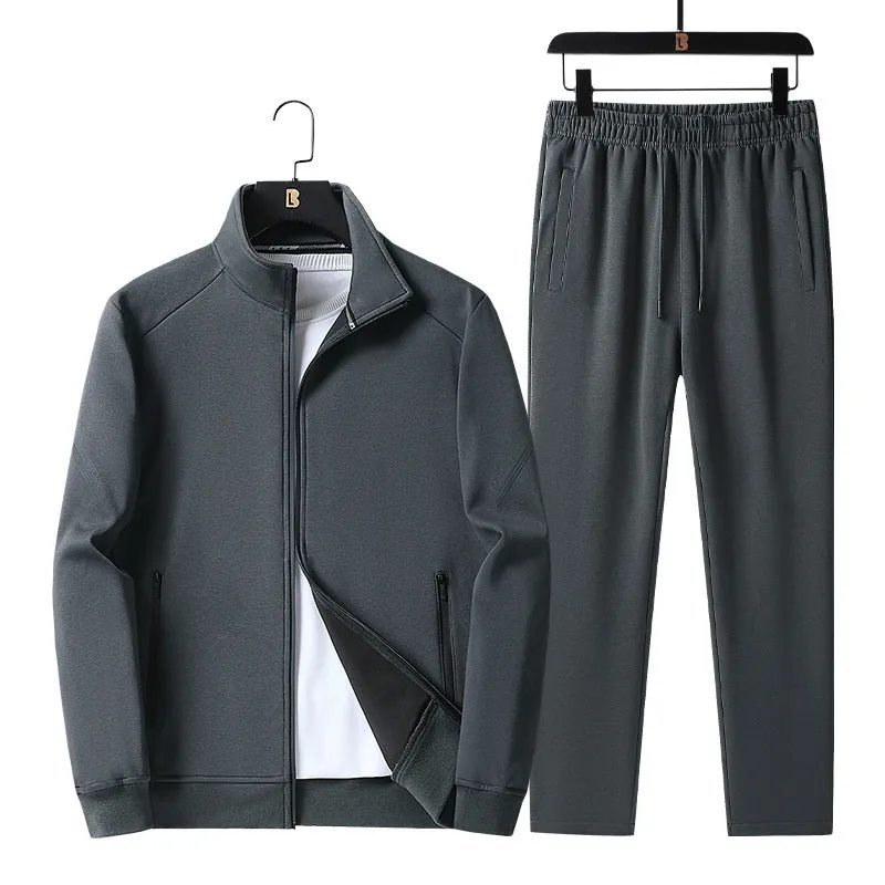Men's plus-size knitted cotton sports leisure suit with jacket and trousers in black dark blue gray for outdoor spring autumn