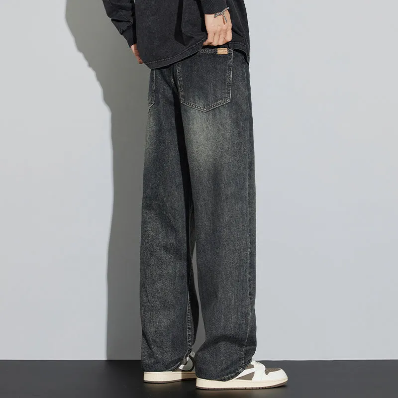 Retro straight-leg jeans for men in light blue cotton denim on a neutral background.