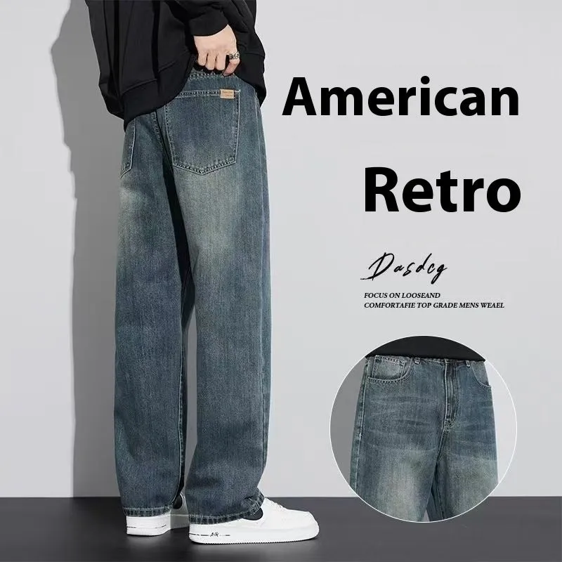 Retro straight-leg jeans for men in light blue cotton denim on a neutral background.