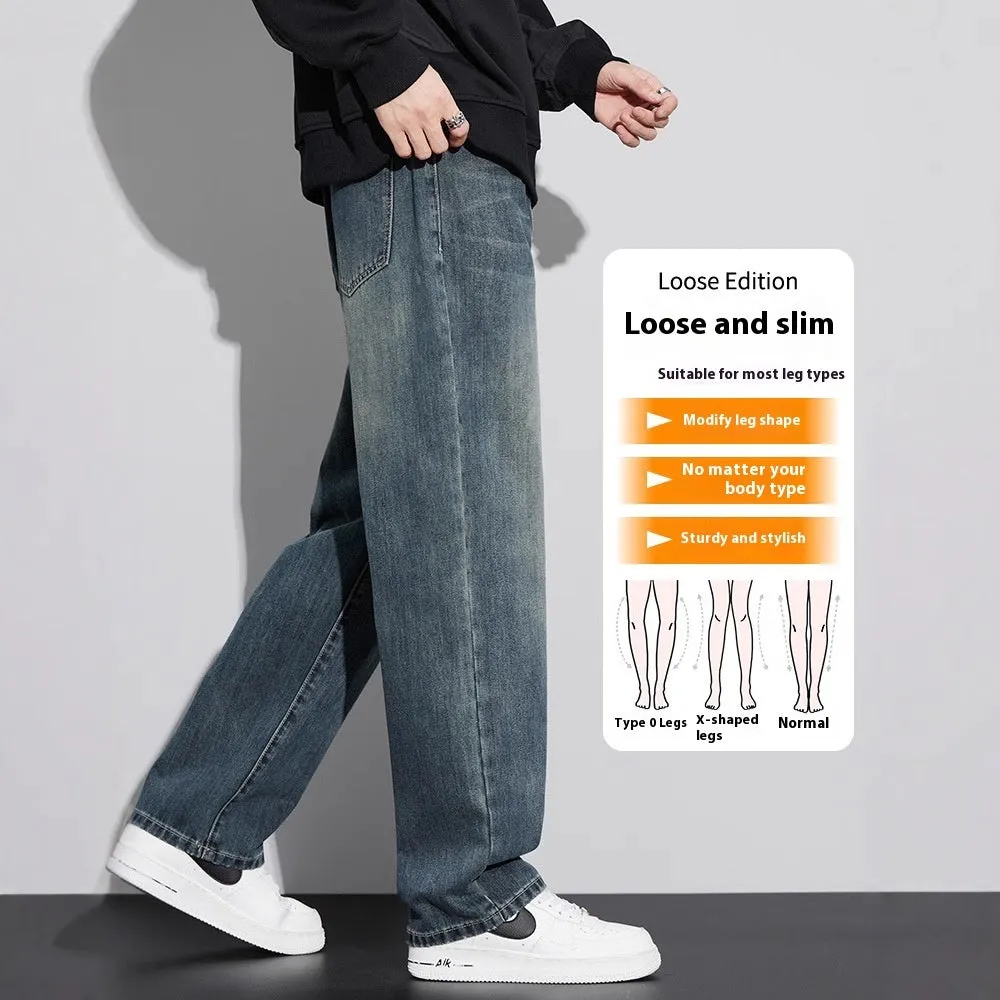 Retro straight-leg jeans for men in light blue cotton denim on a neutral background.