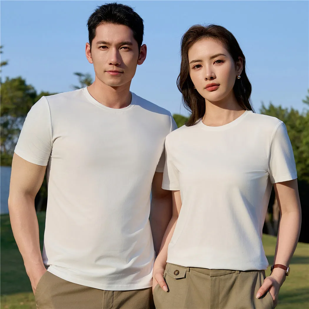 Mercerised modal short sleeve T-shirt in grey green colour on a hanger, showing round neck and plain weave fabric.