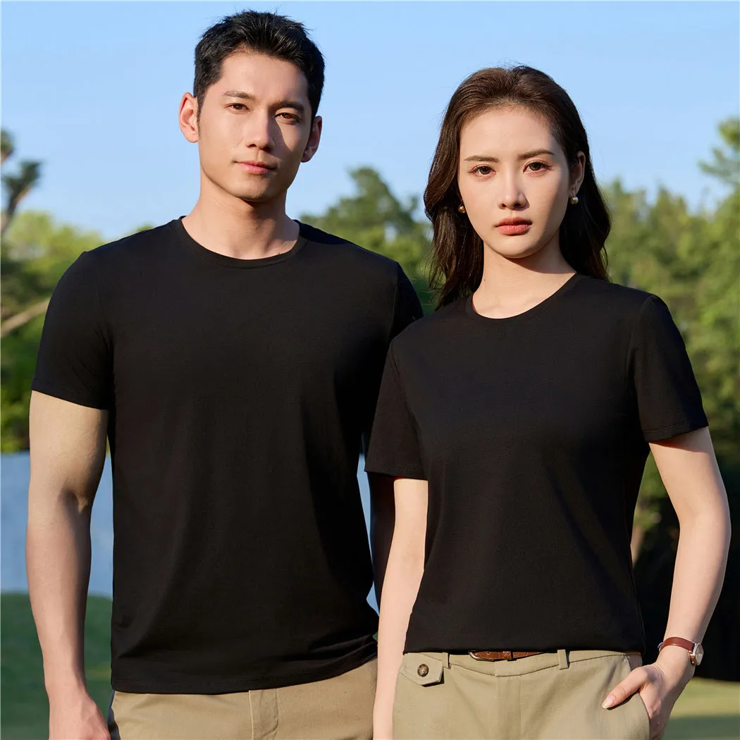 Mercerised modal short sleeve T-shirt in grey green colour on a hanger, showing round neck and plain weave fabric.