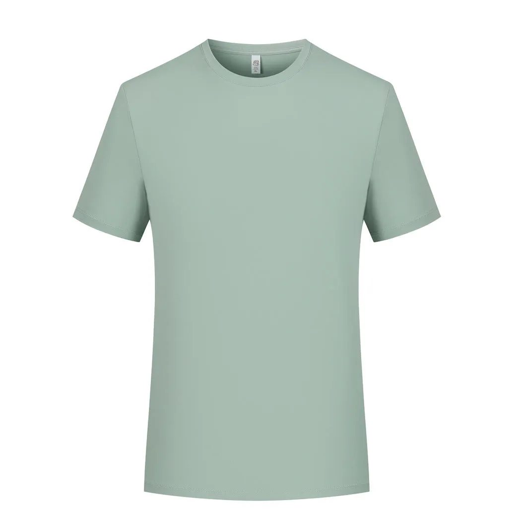Mercerised modal short sleeve T-shirt in grey green colour on a hanger, showing round neck and plain weave fabric.