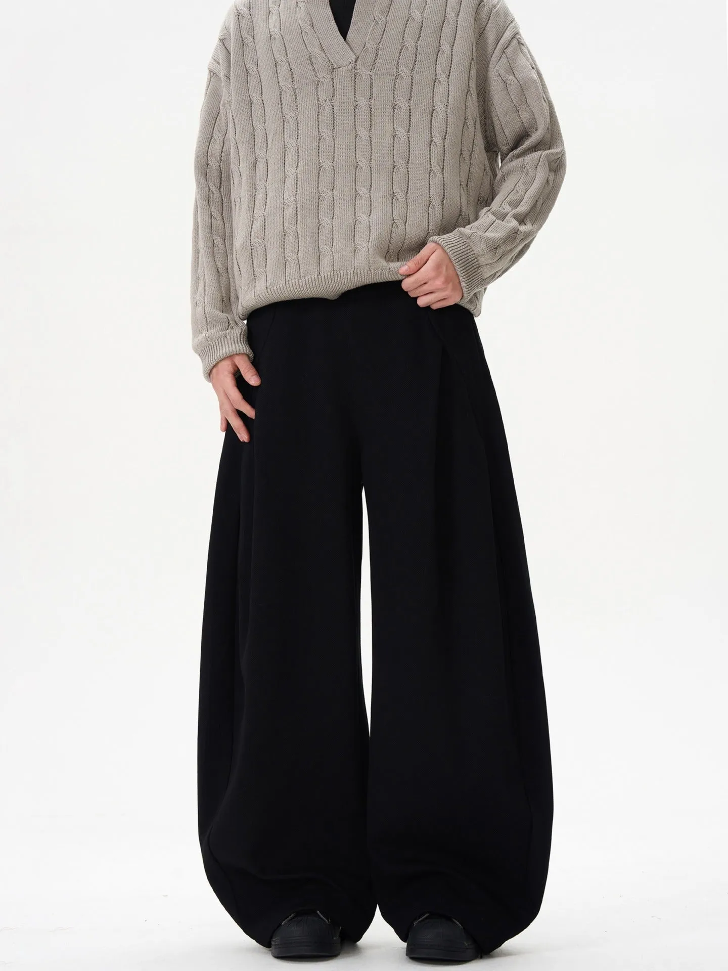 Women's polyester wide-leg trousers in black, loose fit straight leg design, mid rise waist