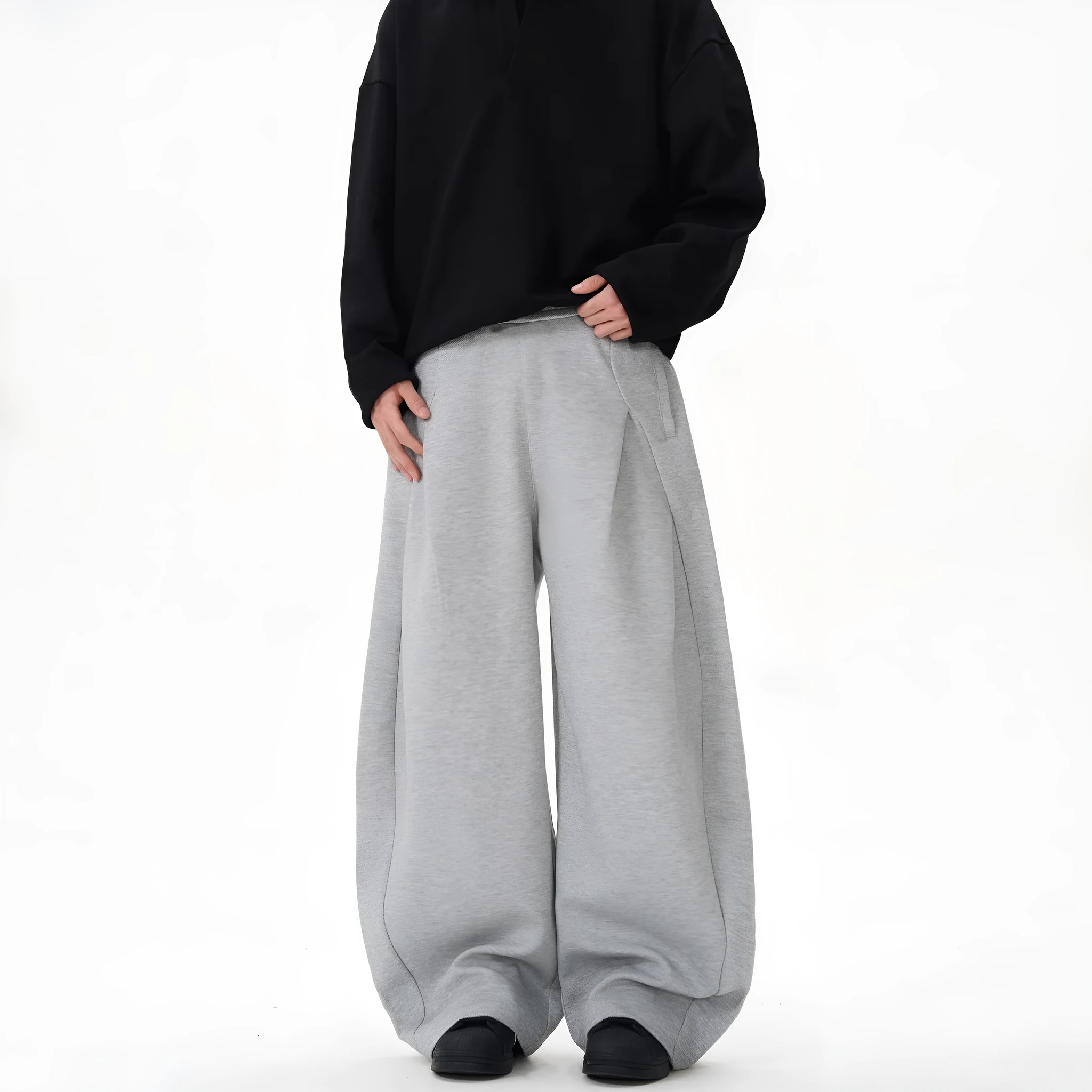 Women's polyester wide-leg trousers in black, loose fit straight leg design, mid rise waist