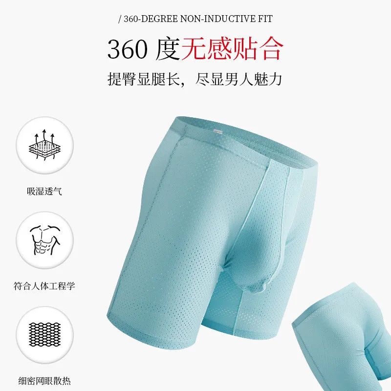 Men's transparent mesh underwear boxers in five colours with extended cut and mid-waist design