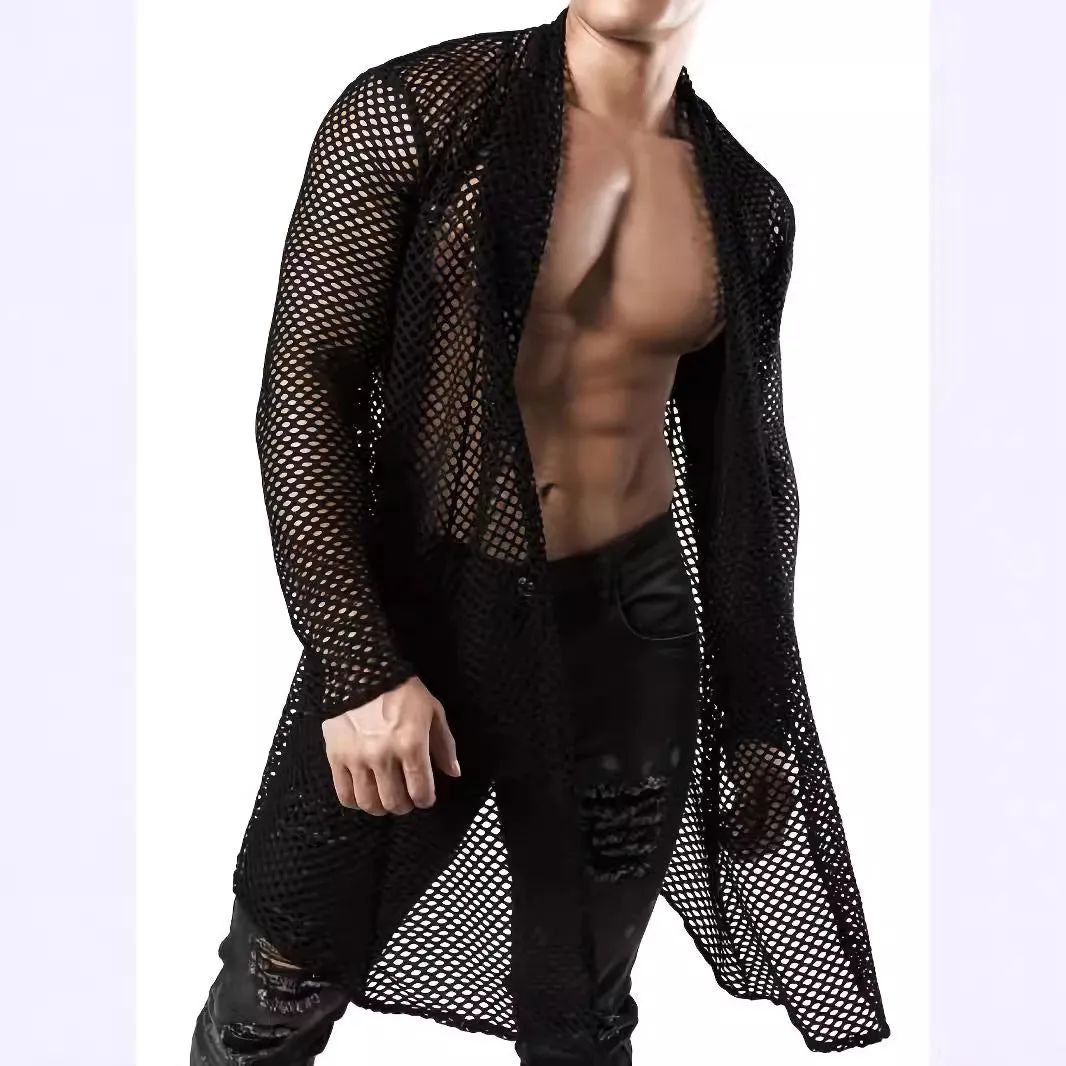 Black mens polyester cardigan with mesh see-through knit pattern and long sleeves