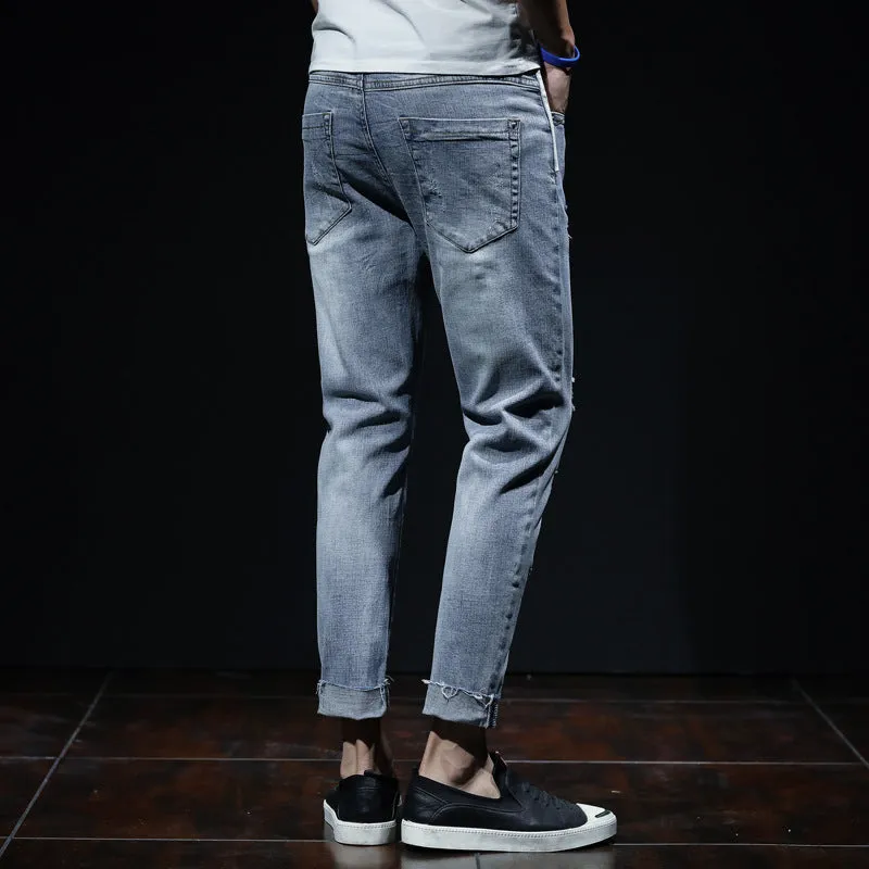 Light blue youth ripped stretch denim cropped skinny jeans mid-waist zip fly
