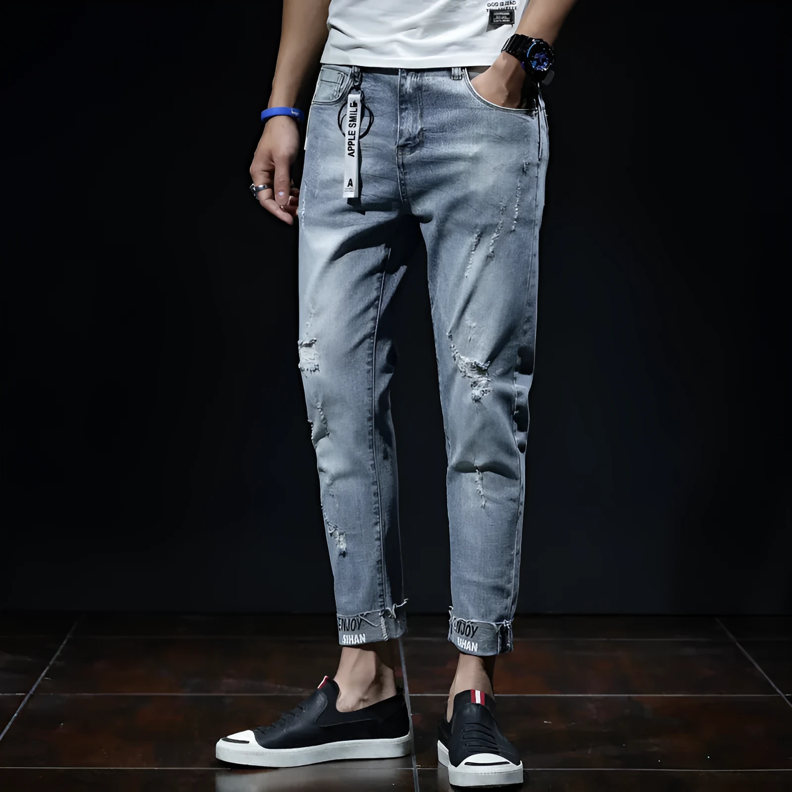 Light blue youth ripped stretch denim cropped skinny jeans mid-waist zip fly