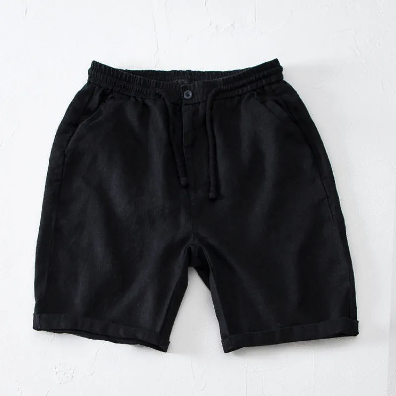 Men's summer thin loose tapered linen pants in black, high waist, loose fit