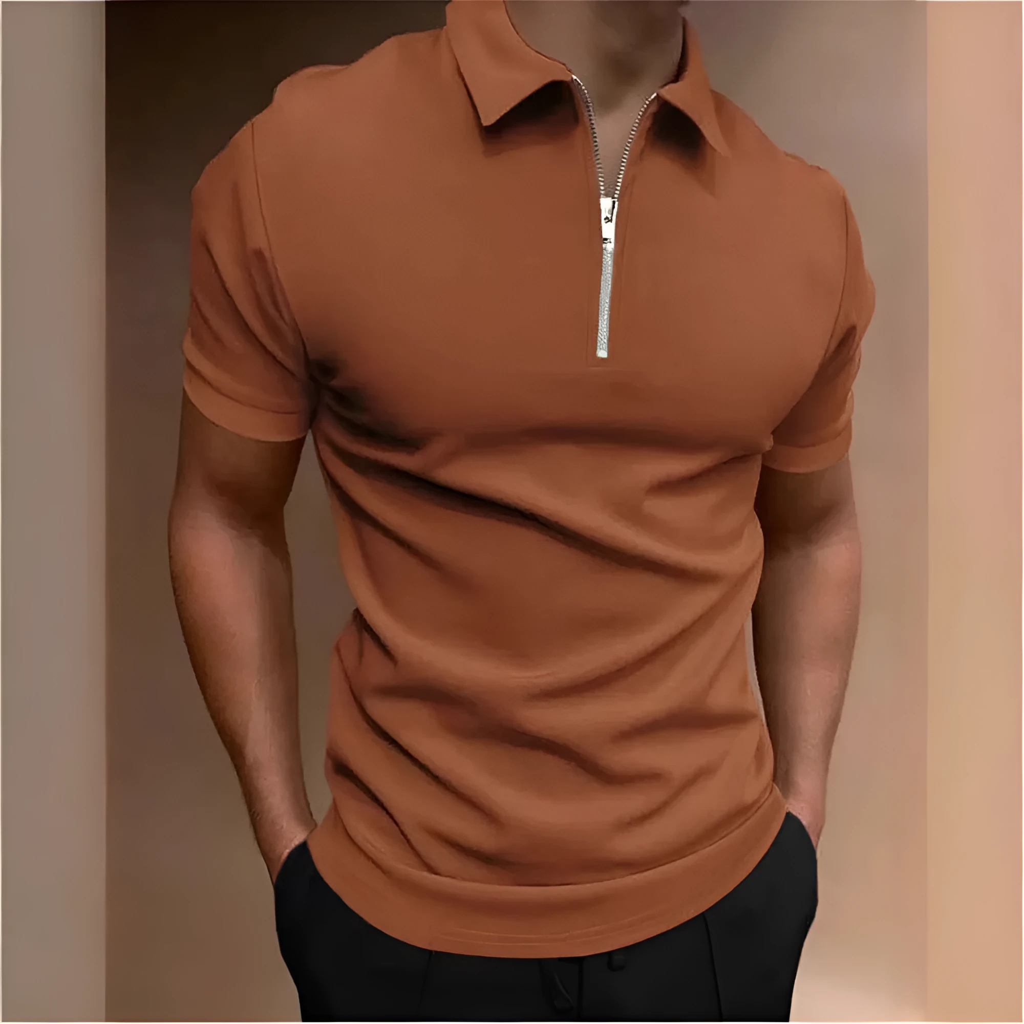 Men's casual polo shirt in polyester blend fabric available in multiple colours with loose fit and short sleeves