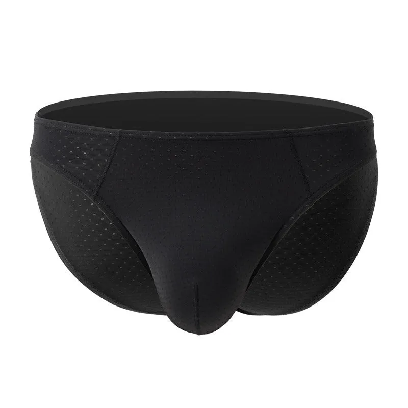 Men's solid colour low waist briefs in ice silk fabric on a white background.