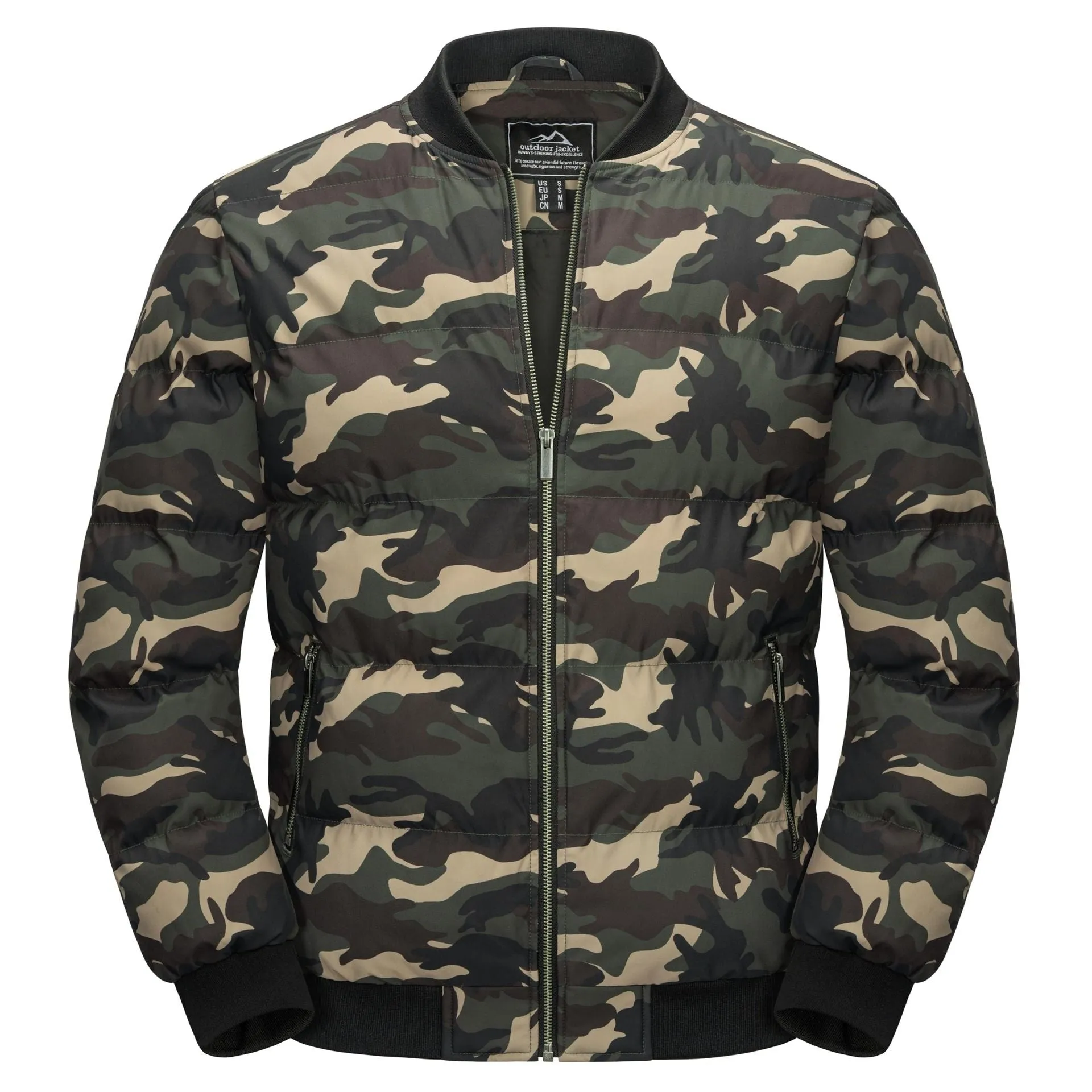 Men's windproof winter jacket in army green camouflage pattern with polyester construction