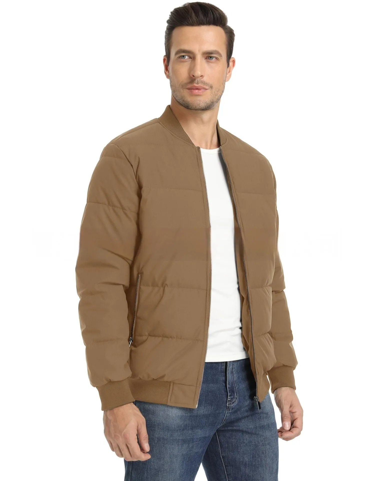 Men's windproof winter jacket in army green camouflage pattern with polyester construction