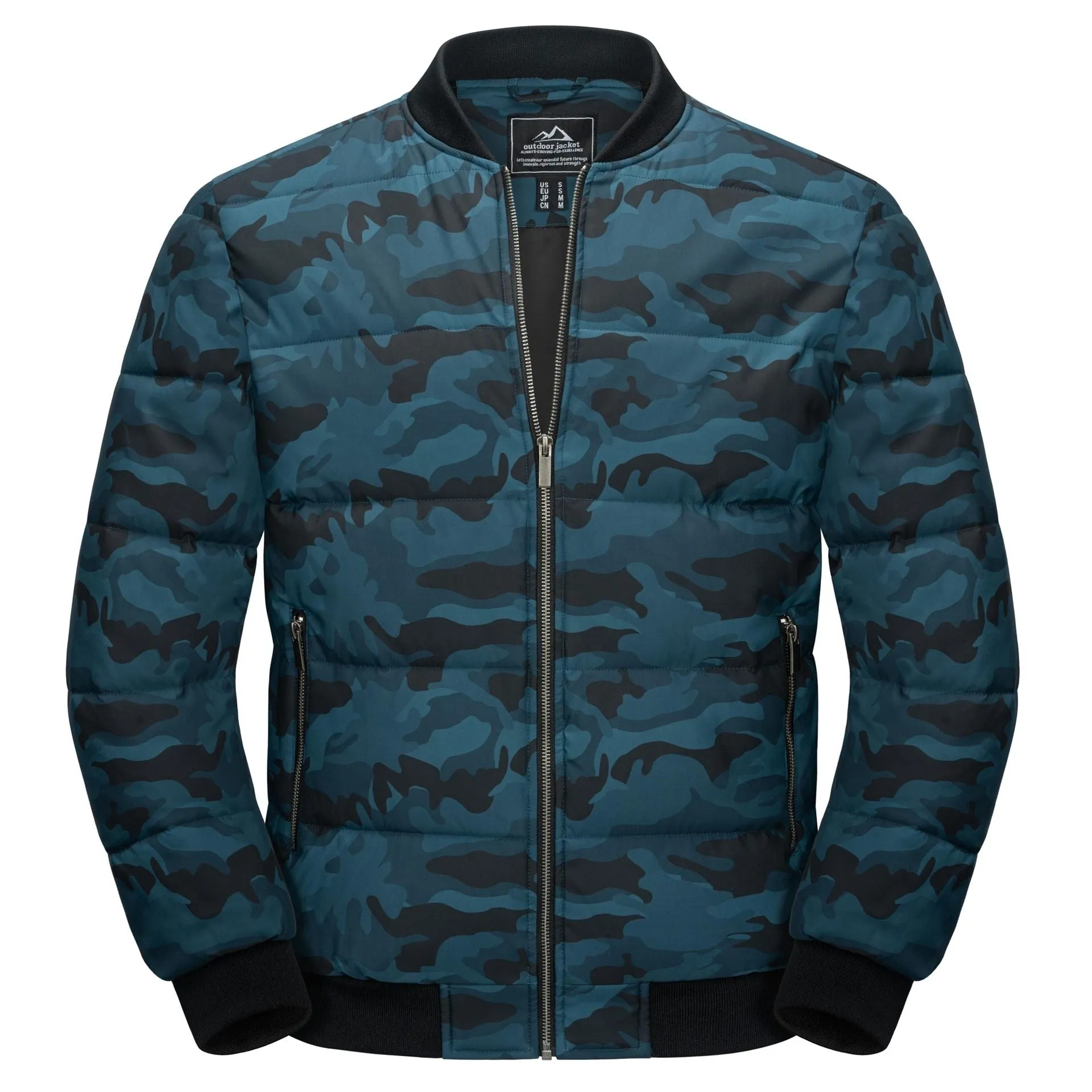 Men's windproof winter jacket in army green camouflage pattern with polyester construction
