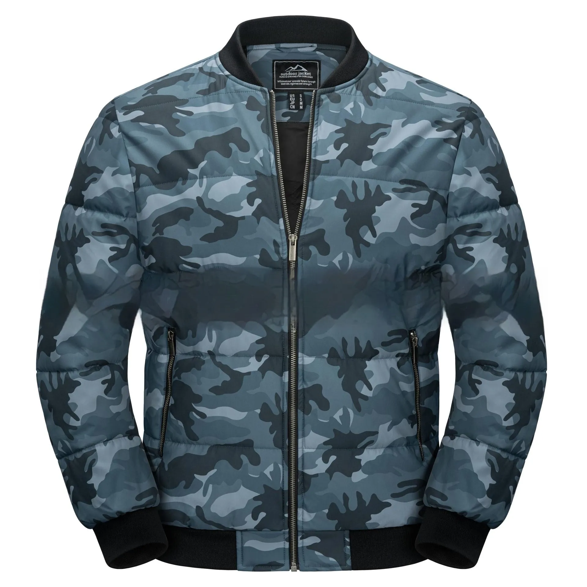 Men's windproof winter jacket in army green camouflage pattern with polyester construction