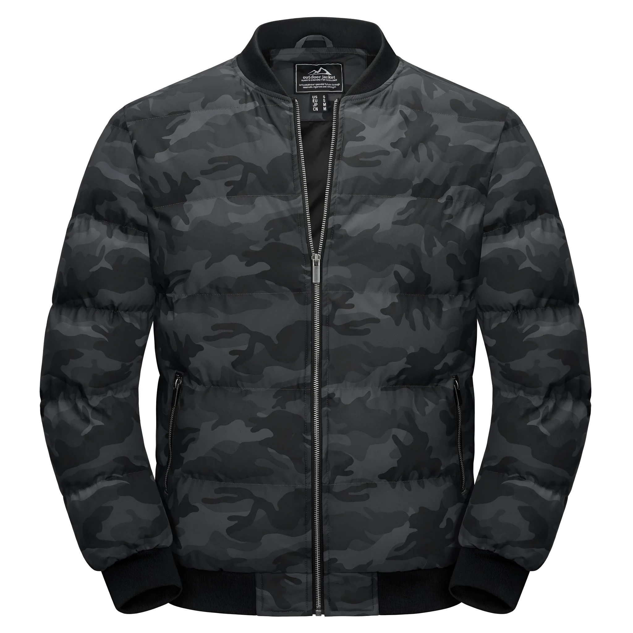 Men's windproof winter jacket in army green camouflage pattern with polyester construction