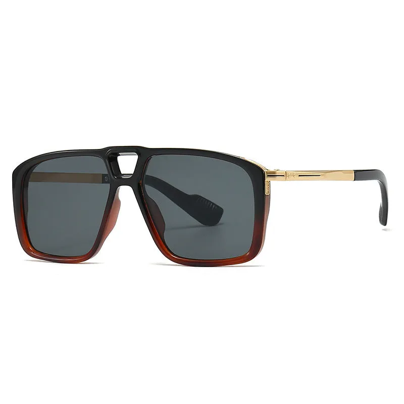 Men's retro double square sunglasses in six colour and style variations on a display.