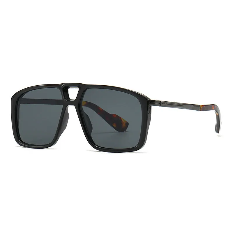 Men's retro double square sunglasses in six colour and style variations on a display.