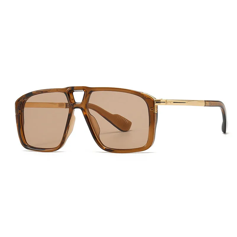 Men's retro double square sunglasses in six colour and style variations on a display.