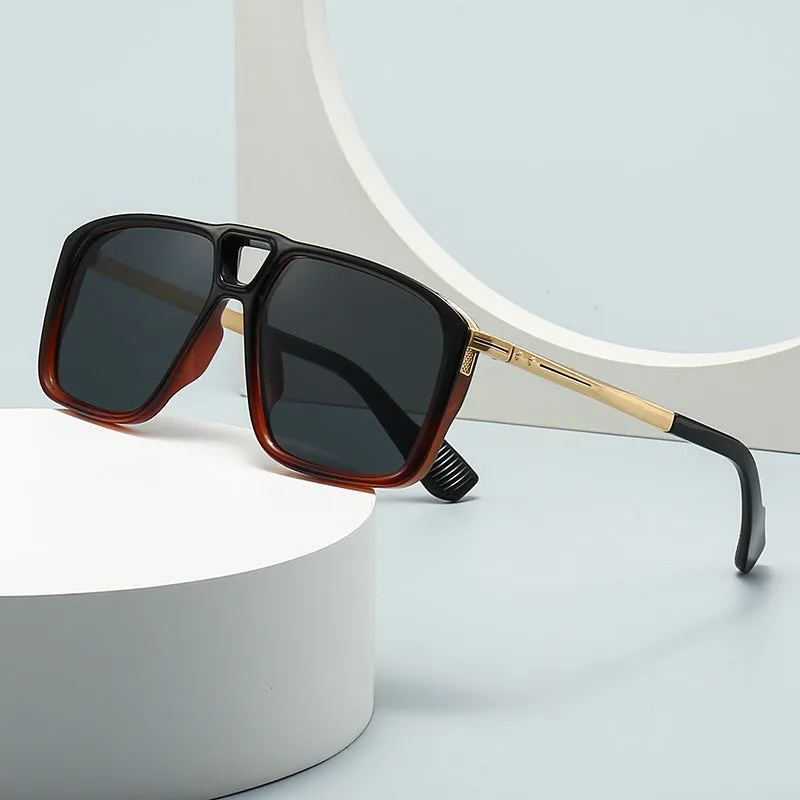 Men's retro double square sunglasses in six colour and style variations on a display.