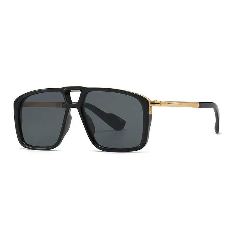 Men's retro double square sunglasses in six colour and style variations on a display.