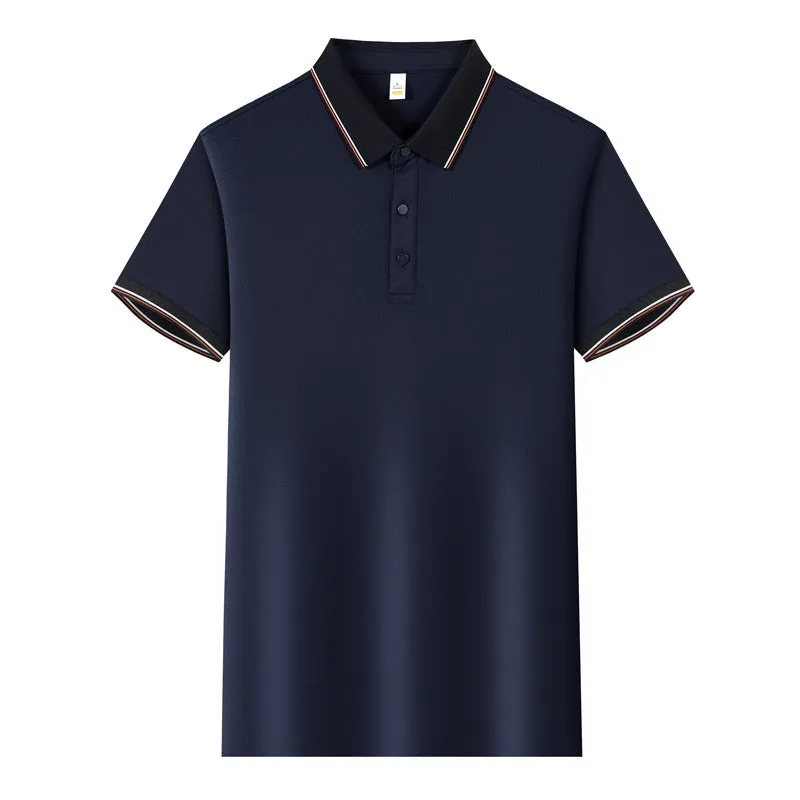 Short-sleeved light blue work shirt with a turnover collar and dark contrast stitching on the seams and pocket.