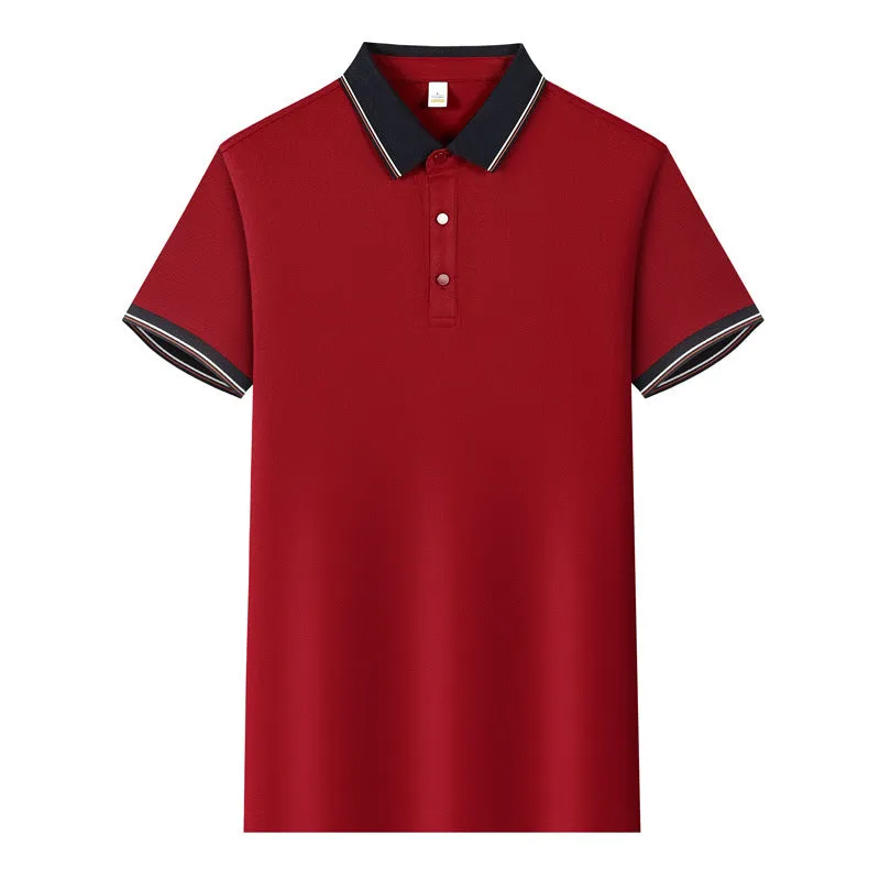 Short-sleeved light blue work shirt with a turnover collar and dark contrast stitching on the seams and pocket.