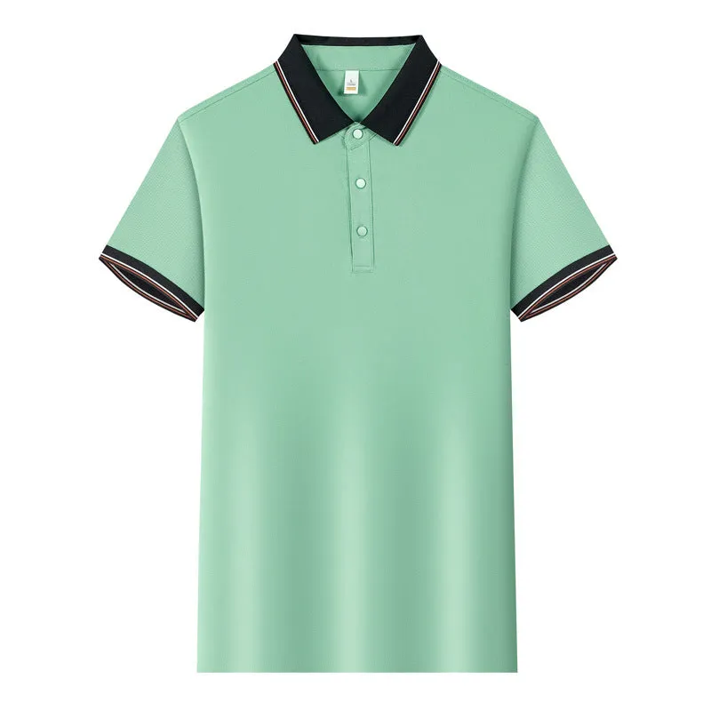 Short-sleeved light blue work shirt with a turnover collar and dark contrast stitching on the seams and pocket.
