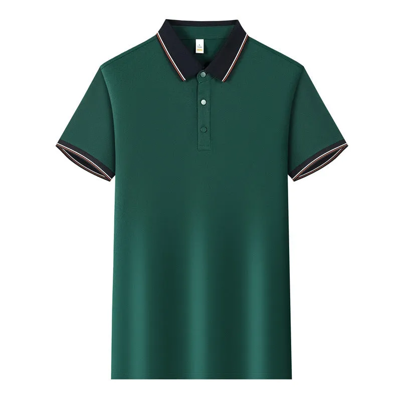 Short-sleeved light blue work shirt with a turnover collar and dark contrast stitching on the seams and pocket.