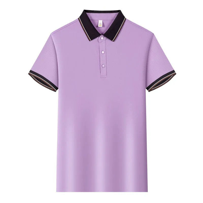Short-sleeved light blue work shirt with a turnover collar and dark contrast stitching on the seams and pocket.