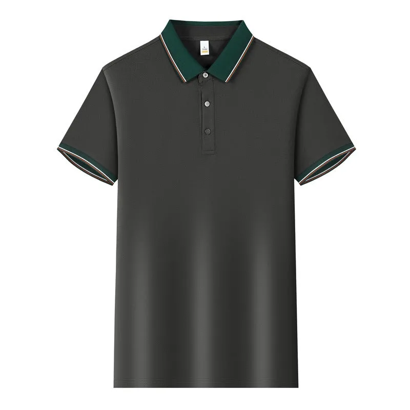 Short-sleeved light blue work shirt with a turnover collar and dark contrast stitching on the seams and pocket.