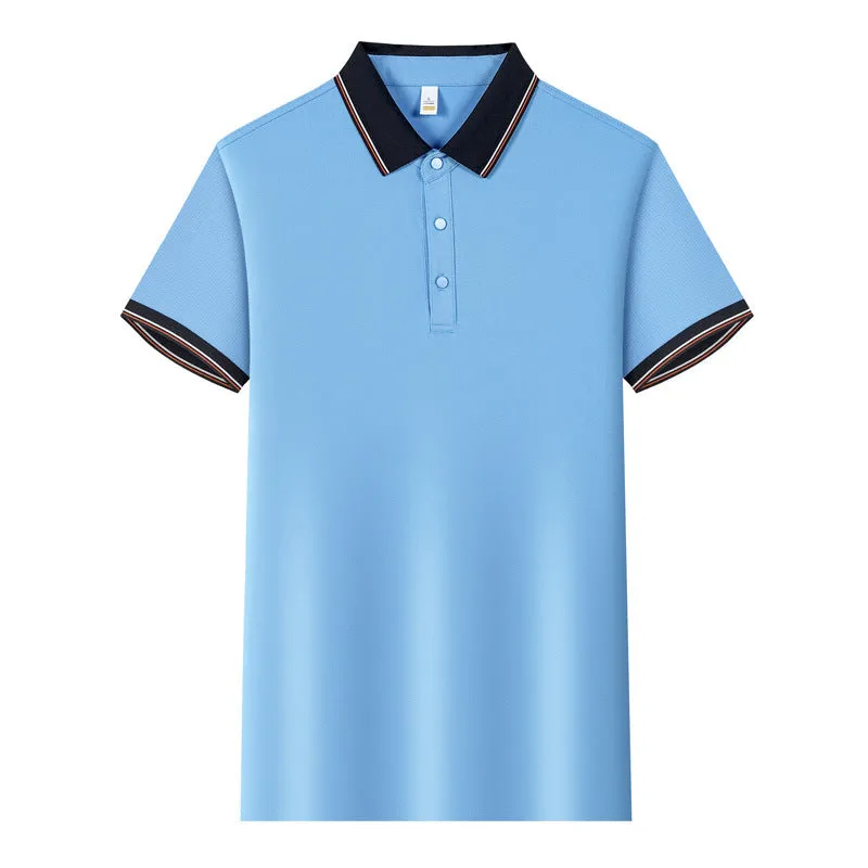 Short-sleeved light blue work shirt with a turnover collar and dark contrast stitching on the seams and pocket.