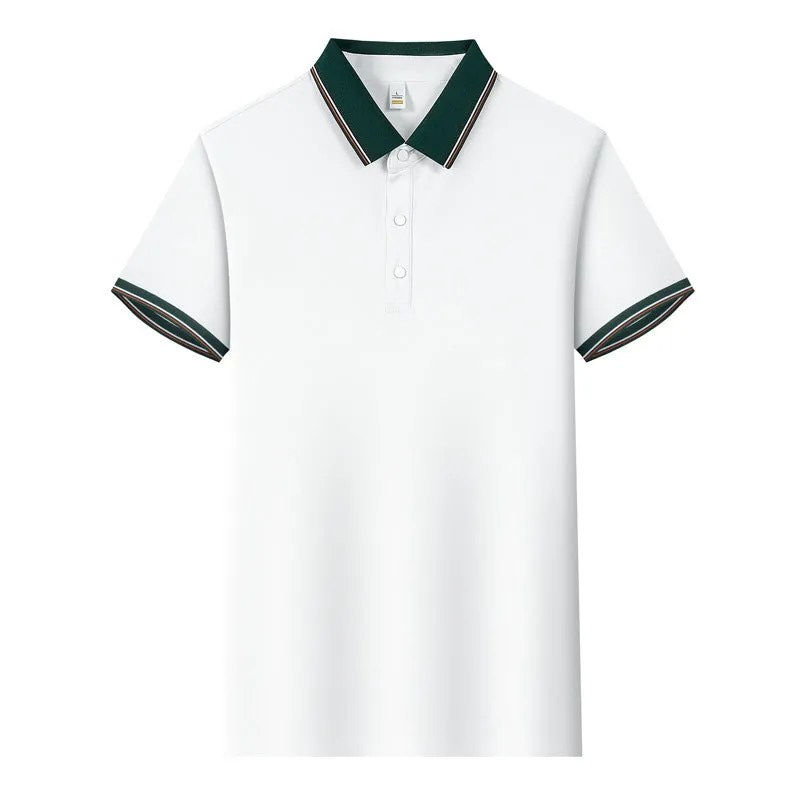 Short-sleeved light blue work shirt with a turnover collar and dark contrast stitching on the seams and pocket.