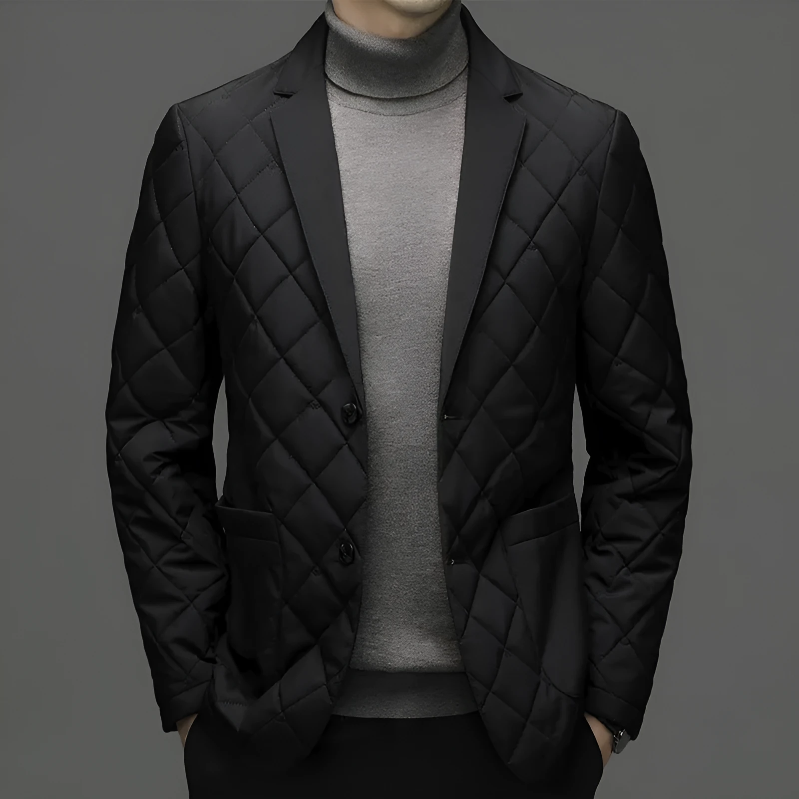 Men's solid colour thick down jacket with lapel collar and side seam pockets.