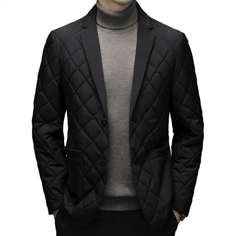 Men's solid colour thick down jacket with lapel collar and side seam pockets.