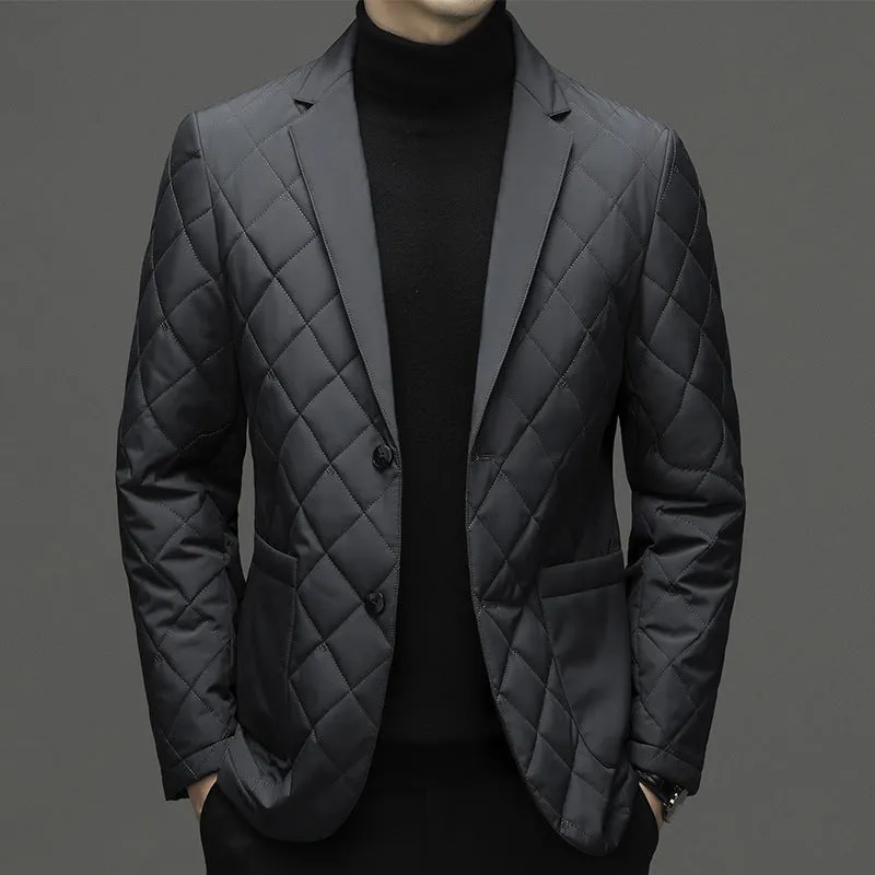 Men's solid colour thick down jacket with lapel collar and side seam pockets.