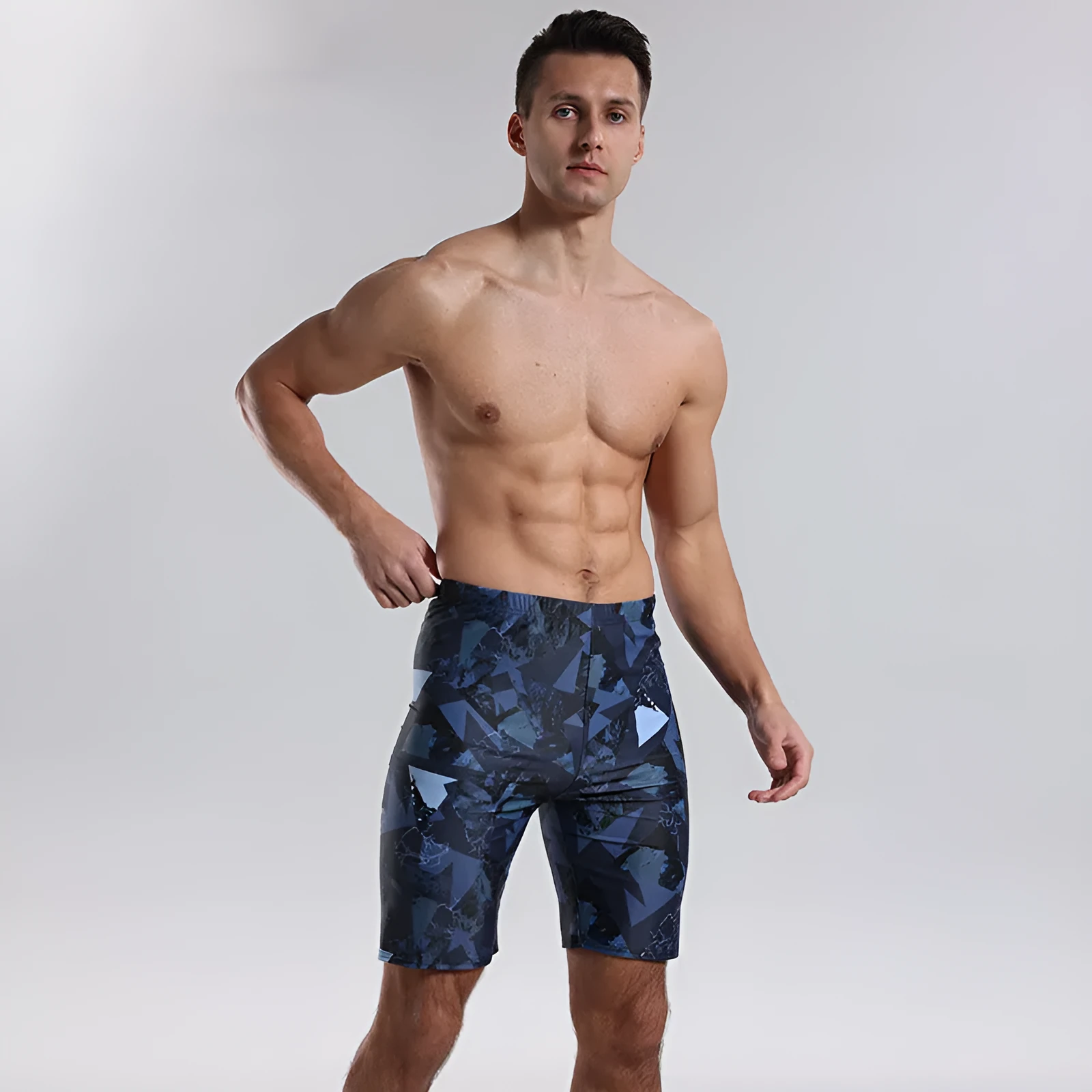 Blue men's knee-length polyester boxer swimming trunks for sports and water activities