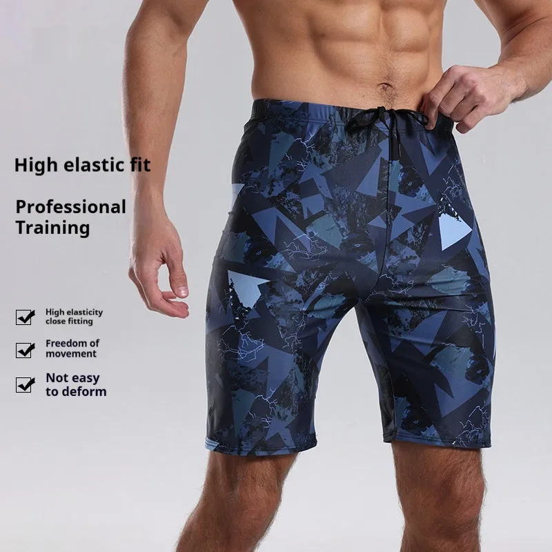 Blue men's knee-length polyester boxer swimming trunks for sports and water activities