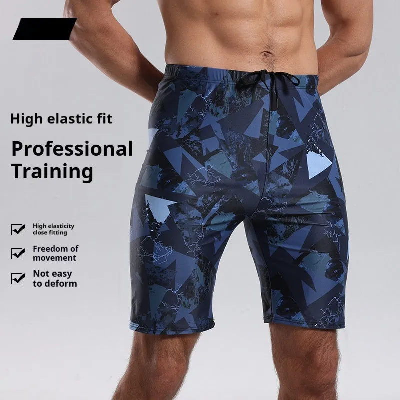 Blue men's knee-length polyester boxer swimming trunks for sports and water activities