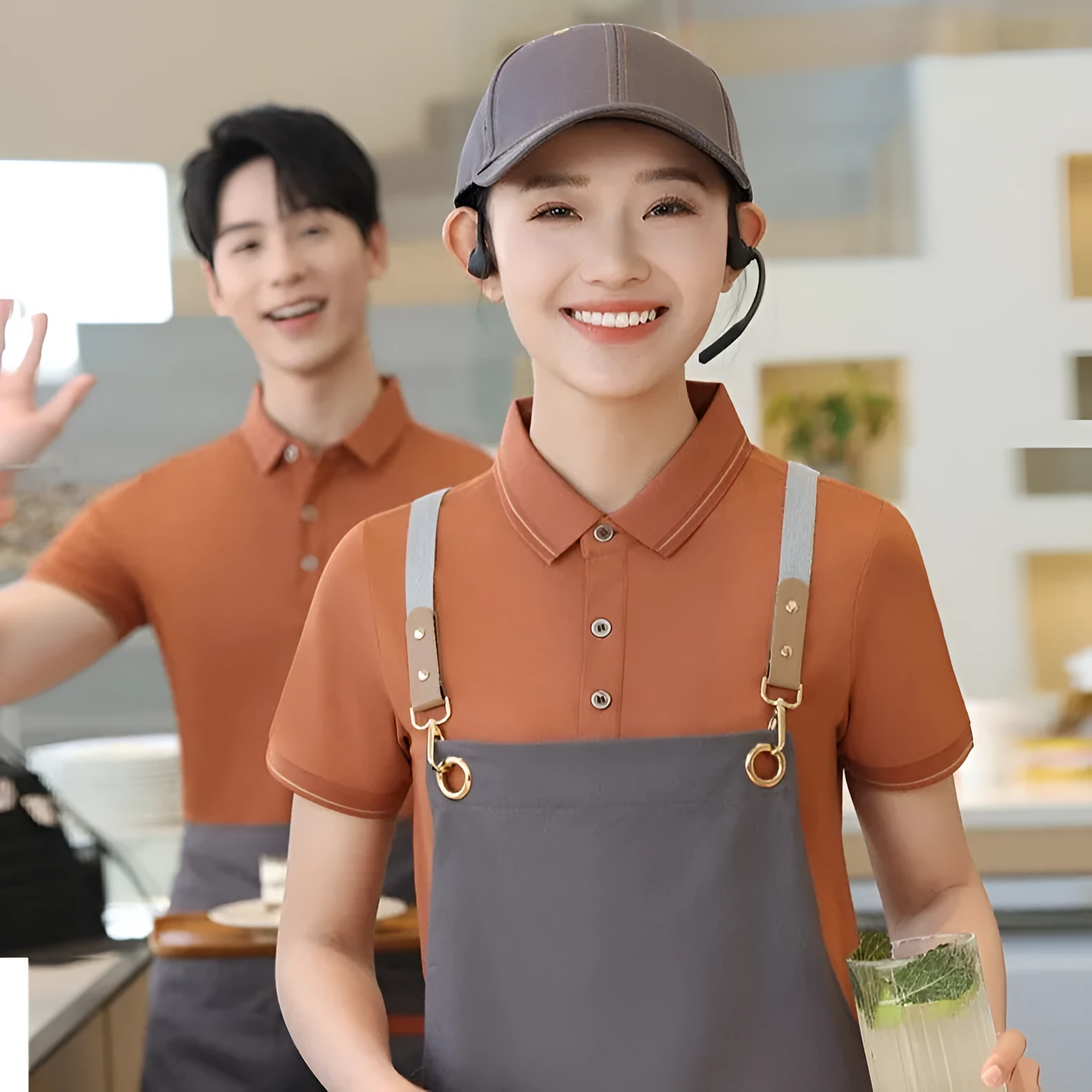 Short sleeve waiter work shirt in black polyester-acetate fabric with regular sleeves, front view on model.