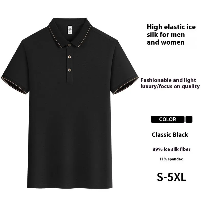 Short sleeve waiter work shirt in black polyester-acetate fabric with regular sleeves, front view on model.