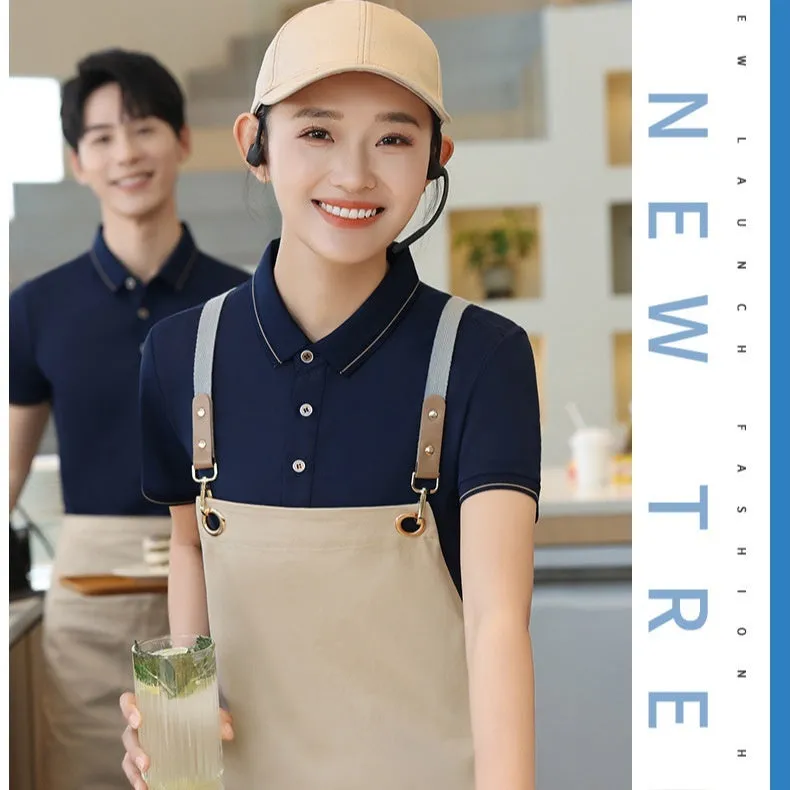 Short sleeve waiter work shirt in black polyester-acetate fabric with regular sleeves, front view on model.