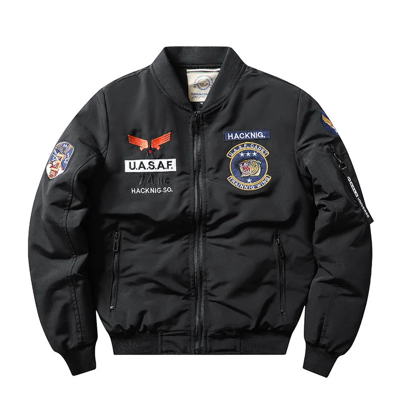 Men's slim-fit stand collar cotton-padded coat in blue, shown with embroidery and patch pockets.